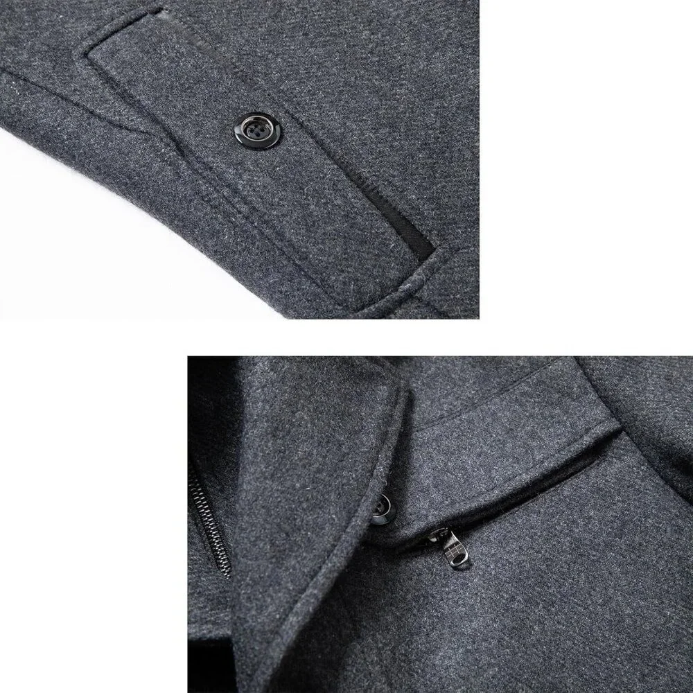 Men's Grey Wool Blend Coat Warm Winter Trench Coat With Detachable Soft Scarf